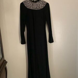 Ieena for Mac Duggal round neck beaded  zipper sleeves formal long tailed gown